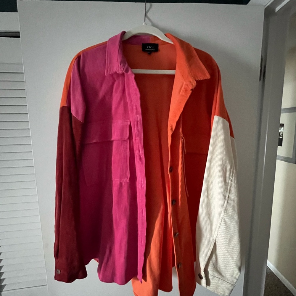 Vince Colorblock Shirt Jacket - Pink, Orange, White